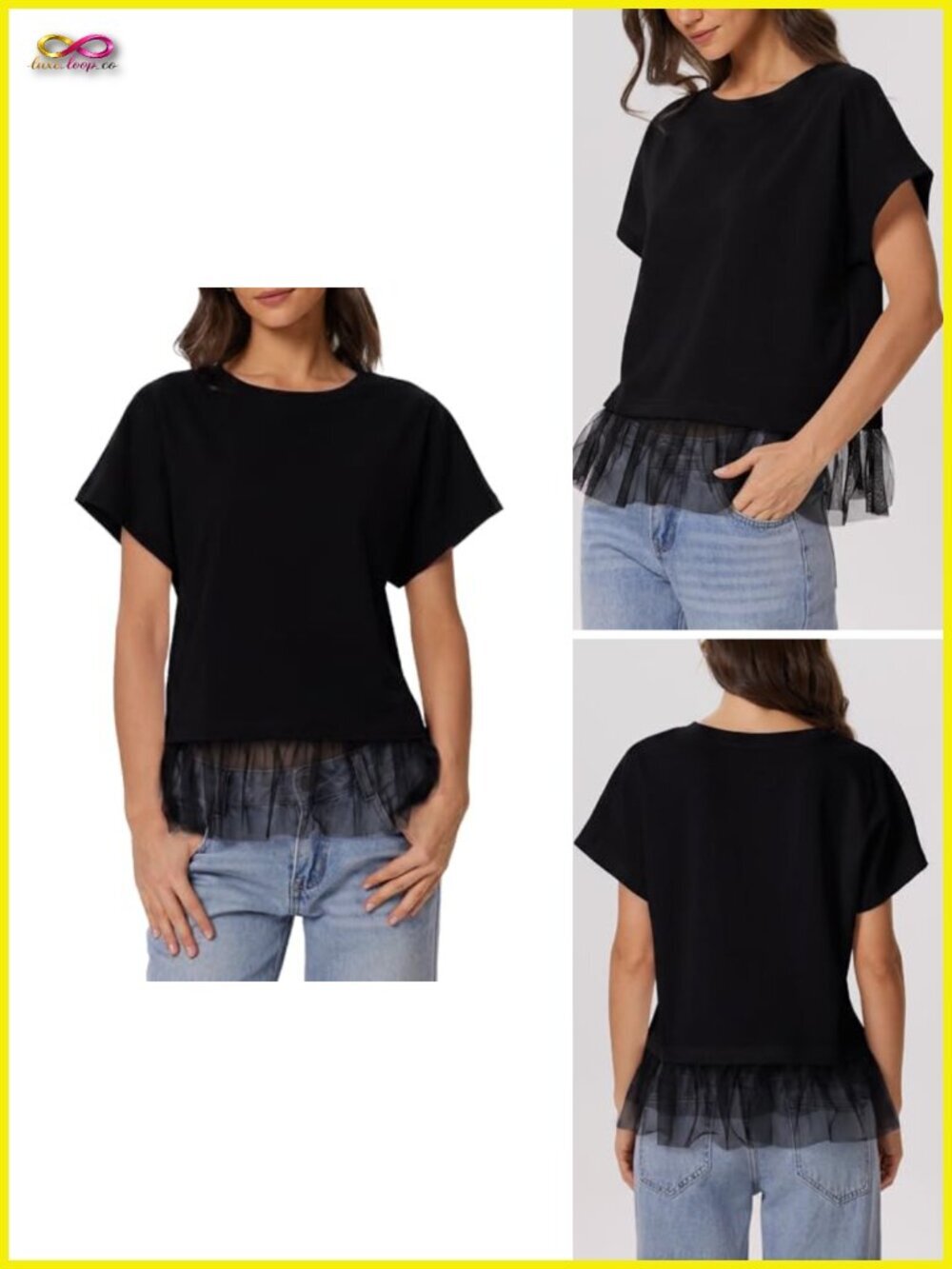 Sheer Mesh Patchwork Short Sleeve T-Shirt - Crewneck Drop Shoulder Blouse